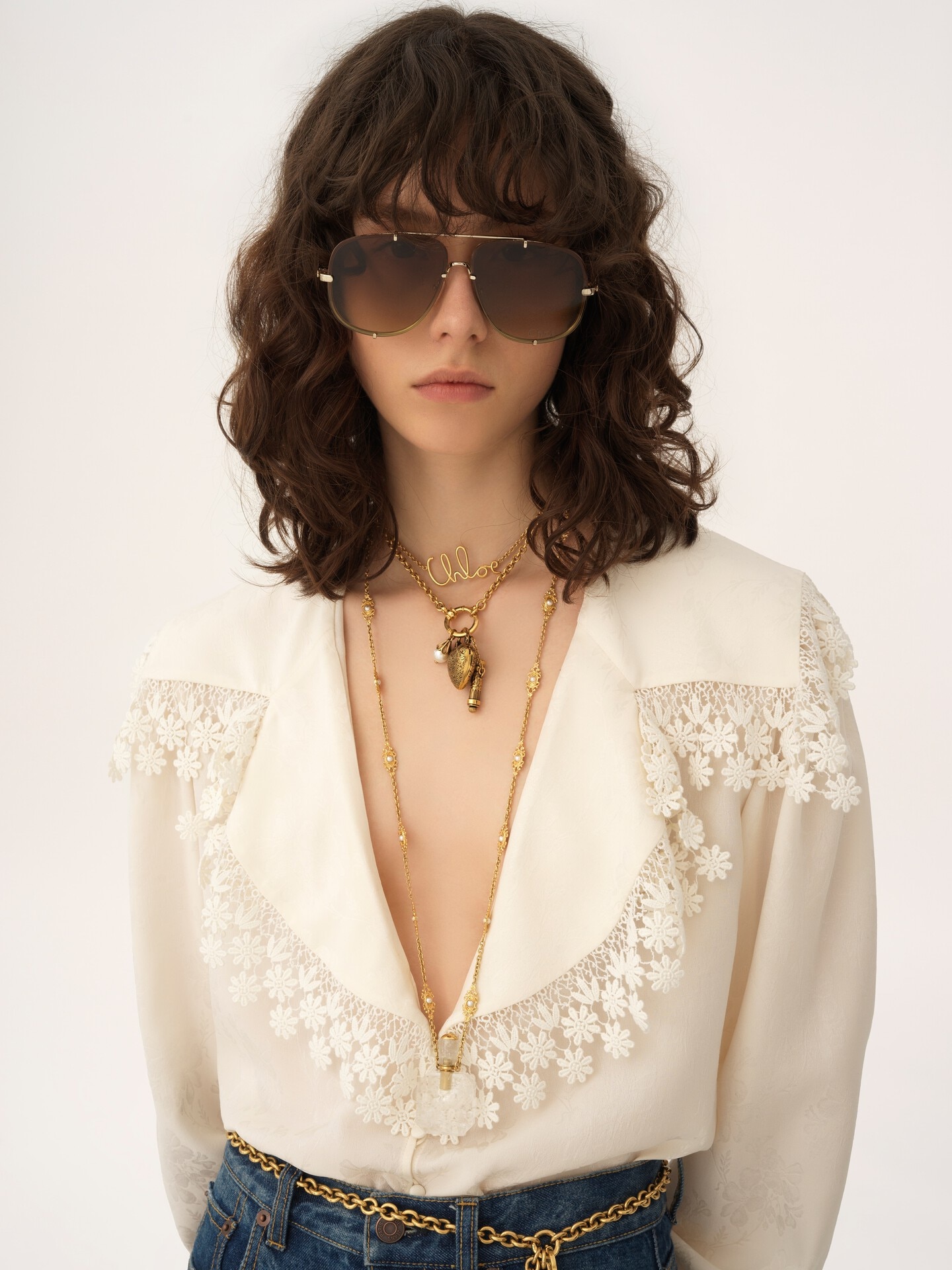 Maxi-collar blouse in silk jacquard & lace - 7