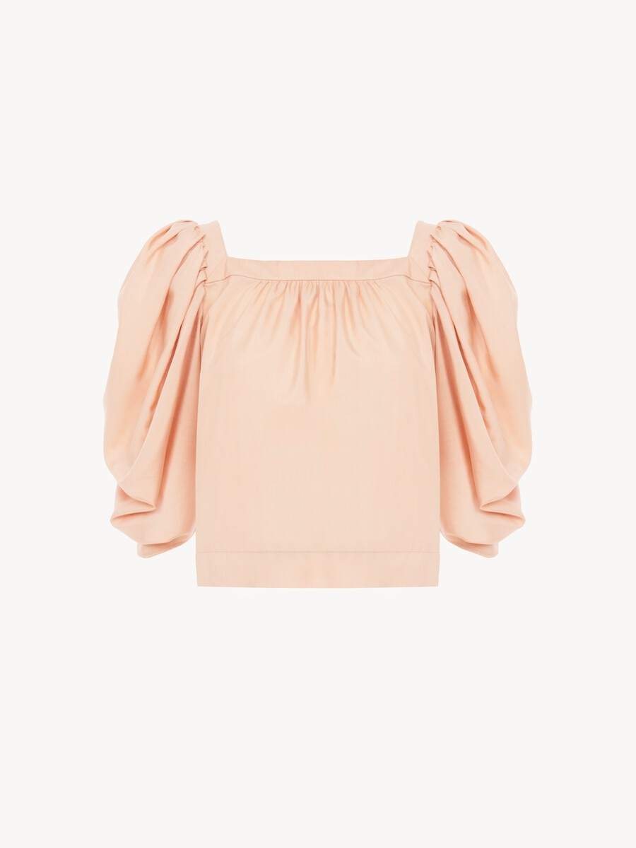 Puff-sleeve pleated top in silk poplin - 1