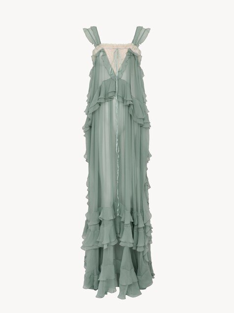 Sleeveless layered long dress in silk mousseline & lace