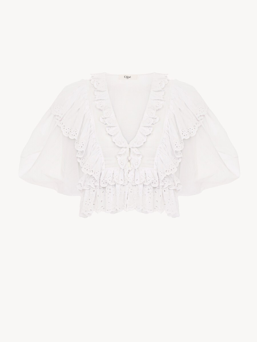 Cropped V-neck ruffle top in cotton voile - 2