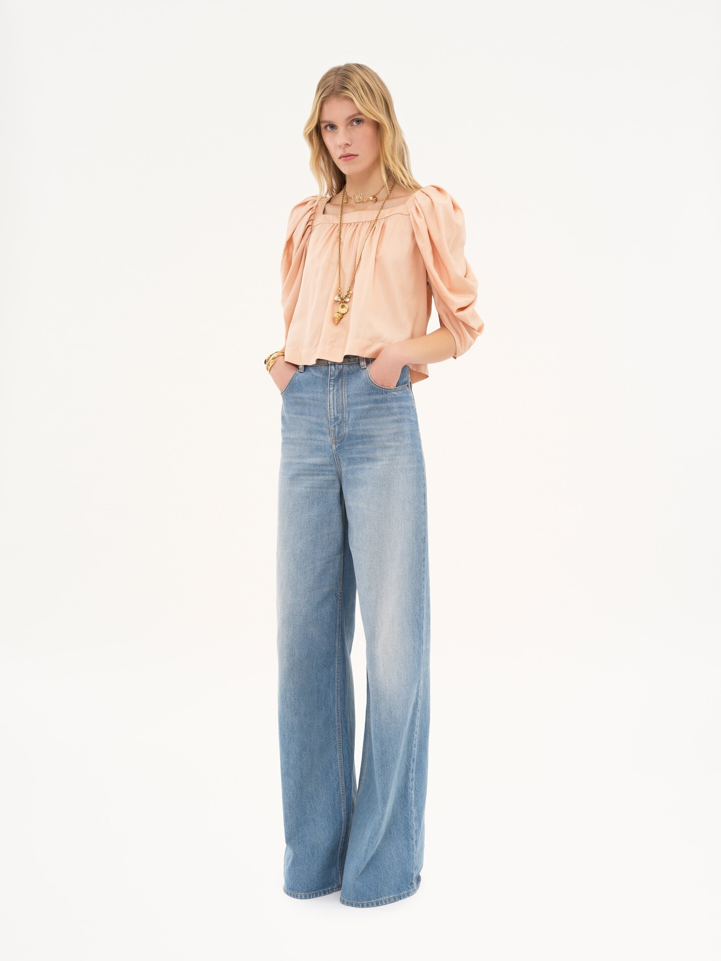 Puff-sleeve pleated top in silk poplin - 3