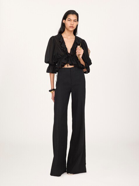 Cropped V-neck ruffle top in silk georgette & lace