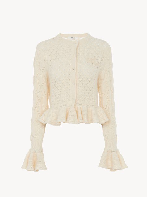 Ruffled logo cardigan in a silk, alpaca & cotton knit