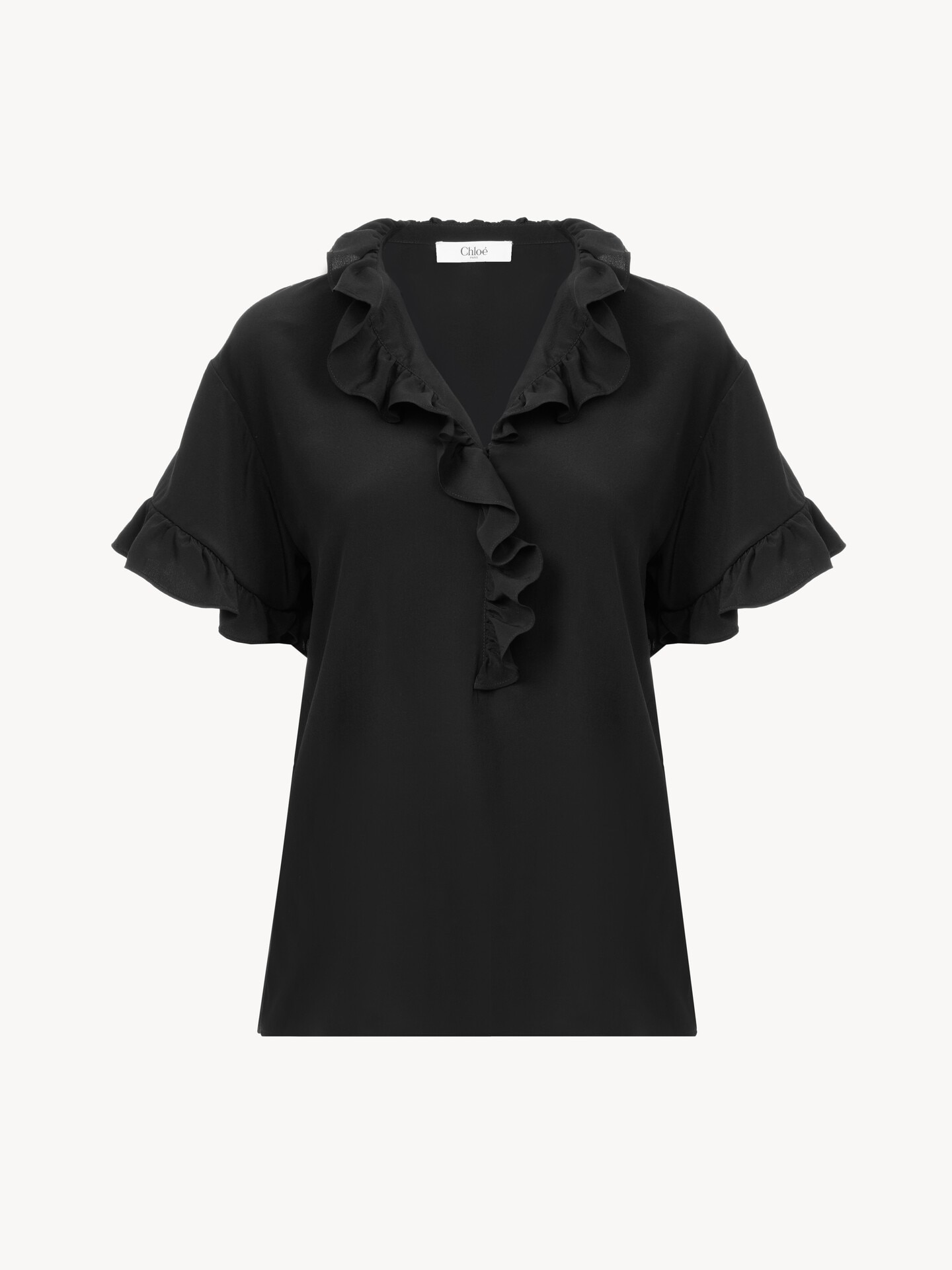 Short-sleeve ruffled top in crêpe de chine - 2