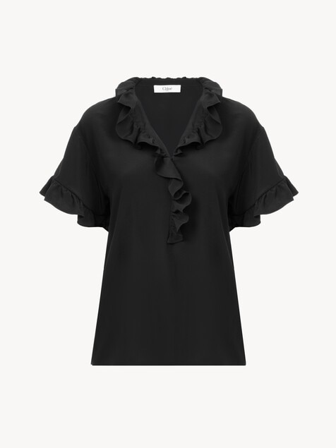 Short-sleeve ruffled top in crêpe de chine