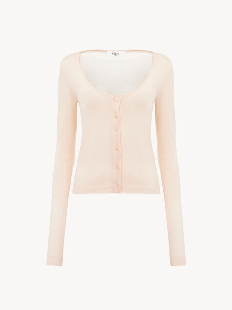 Scoop-neck fitted cardigan in superfine wool knit