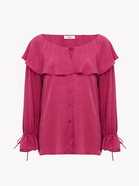 Blusa con cuello redondo y volantes de jacquard de seda