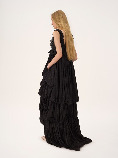 High-low sleeveless dress in silk georgette jacquard & lurex
