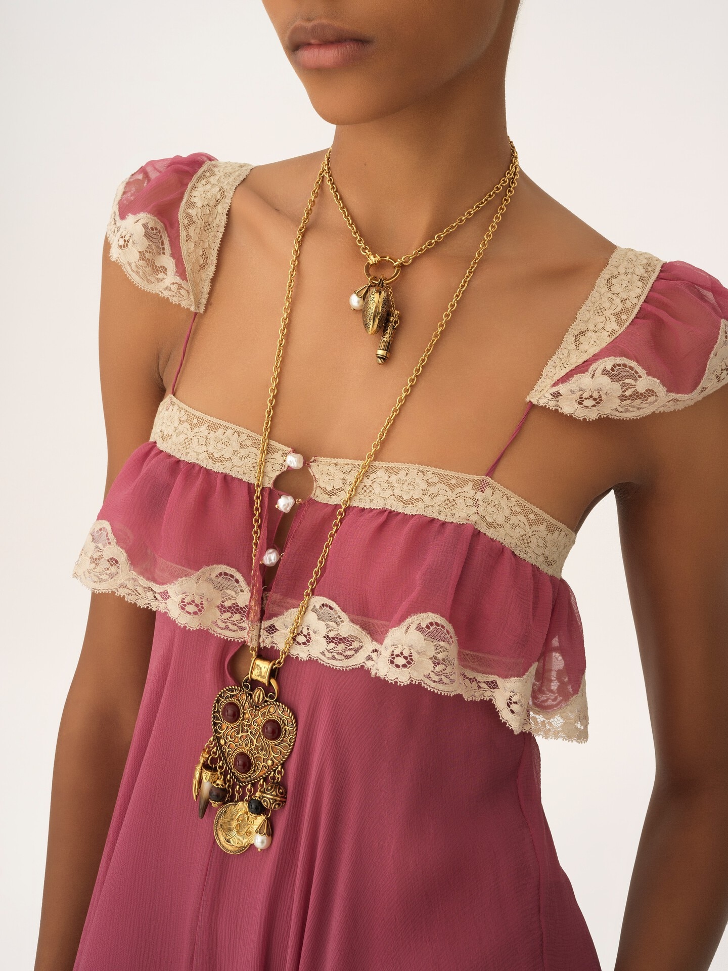Vestido largo fluido de muselina de seda y encaje - 7