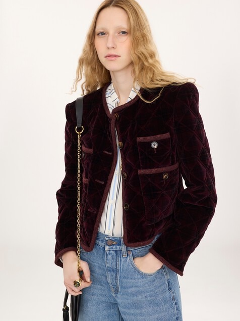 Chaqueta de corte boxy sin cuello de algod&oacute;n de cuadros