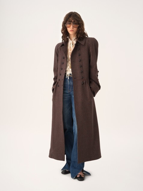 Double-breasted riding coat in houndstooth wool