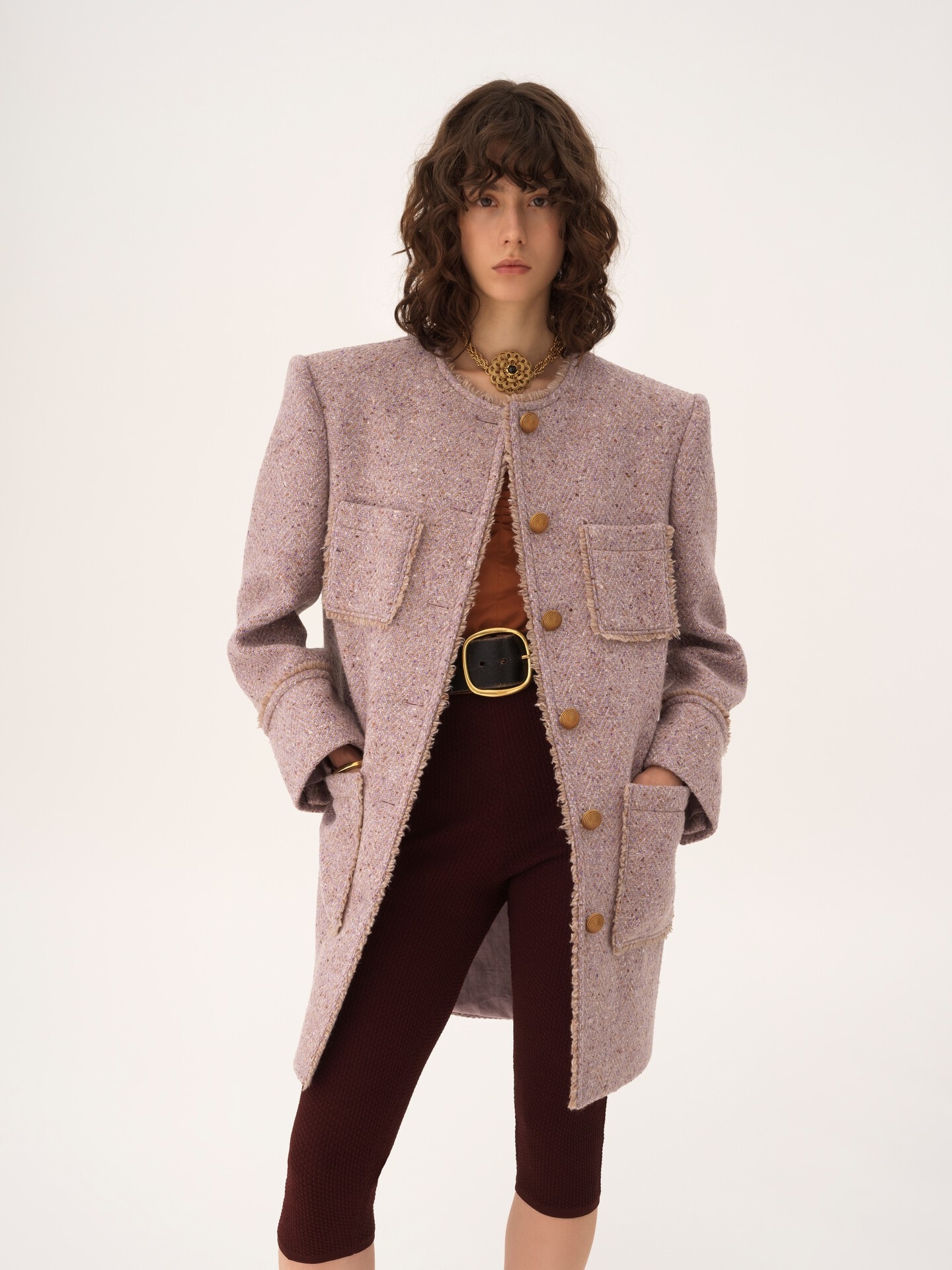 Single-breasted collarless coat in chiné wool tweed - 5