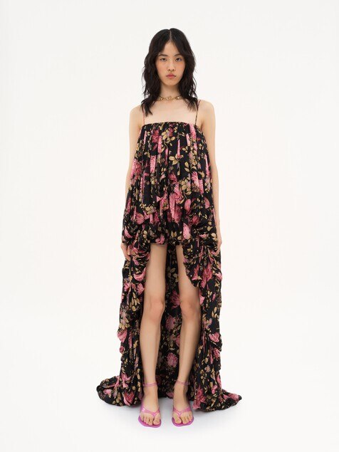 High-low sleeveless jumpsuit in silk charmeuse