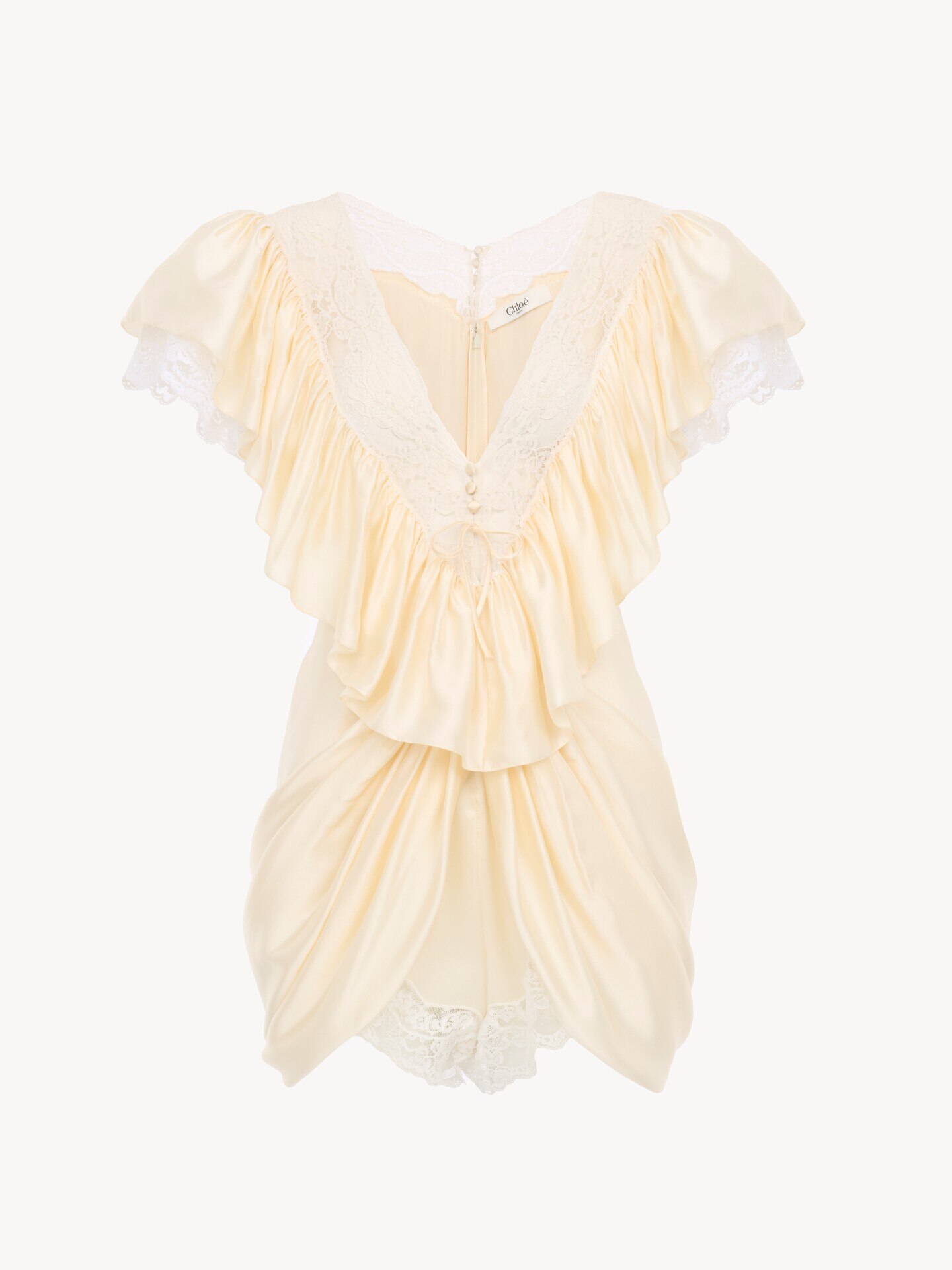 Short V-neck jumpsuit in washed silk satin & lace - 2