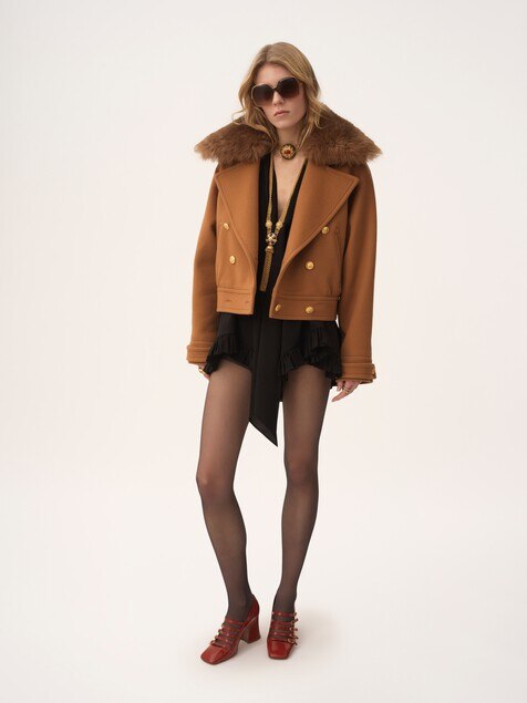 Short boxy double-breasted coat in soft wool