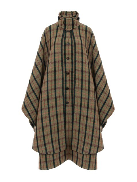 Layered long cape coat in brushed check wool