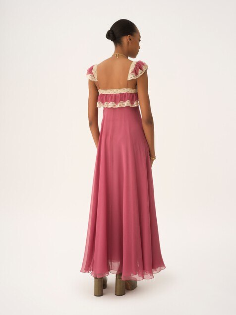 Fluid long dress in silk mousseline & lace