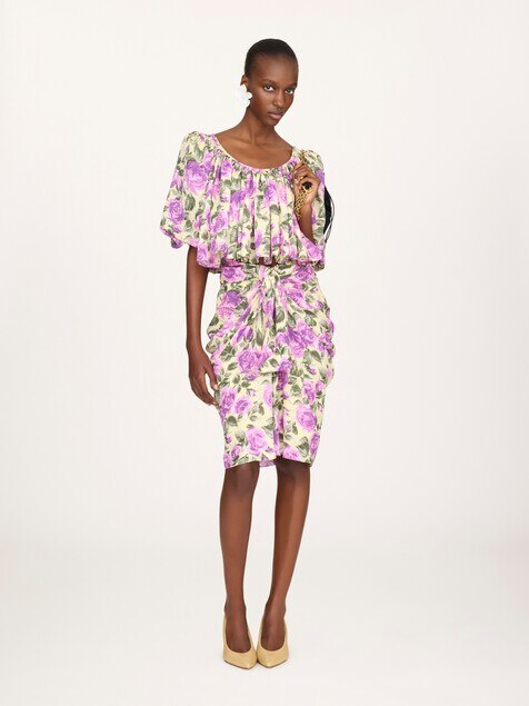 Puff-sleeve cropped top in silk jacquard