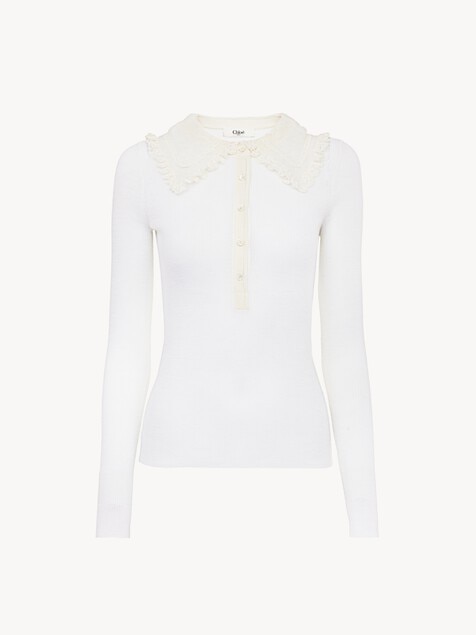 Camisa Henley con cuello de punto de lana superfina y encaje