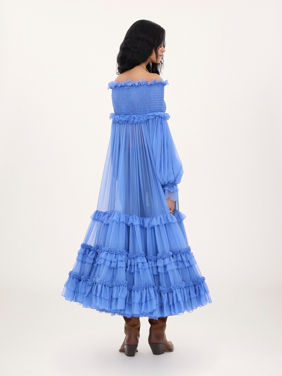 Off-the-shoulder long dress in silk mousseline - 6