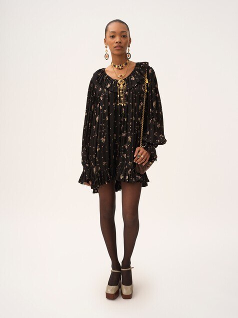 Gathered long-sleeve mini dress in silk charmeuse