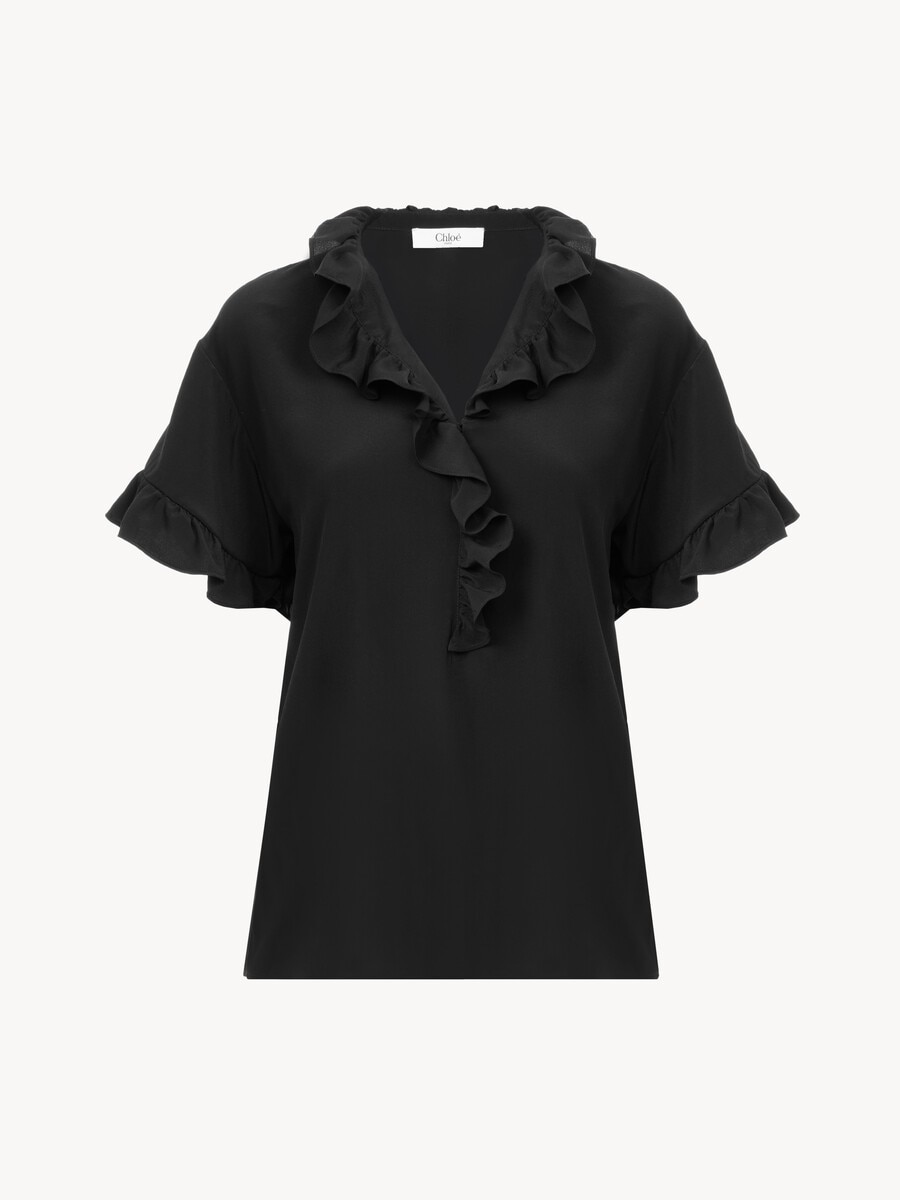 Short-sleeve ruffle top in cr&ecirc;pe de chine - 2
