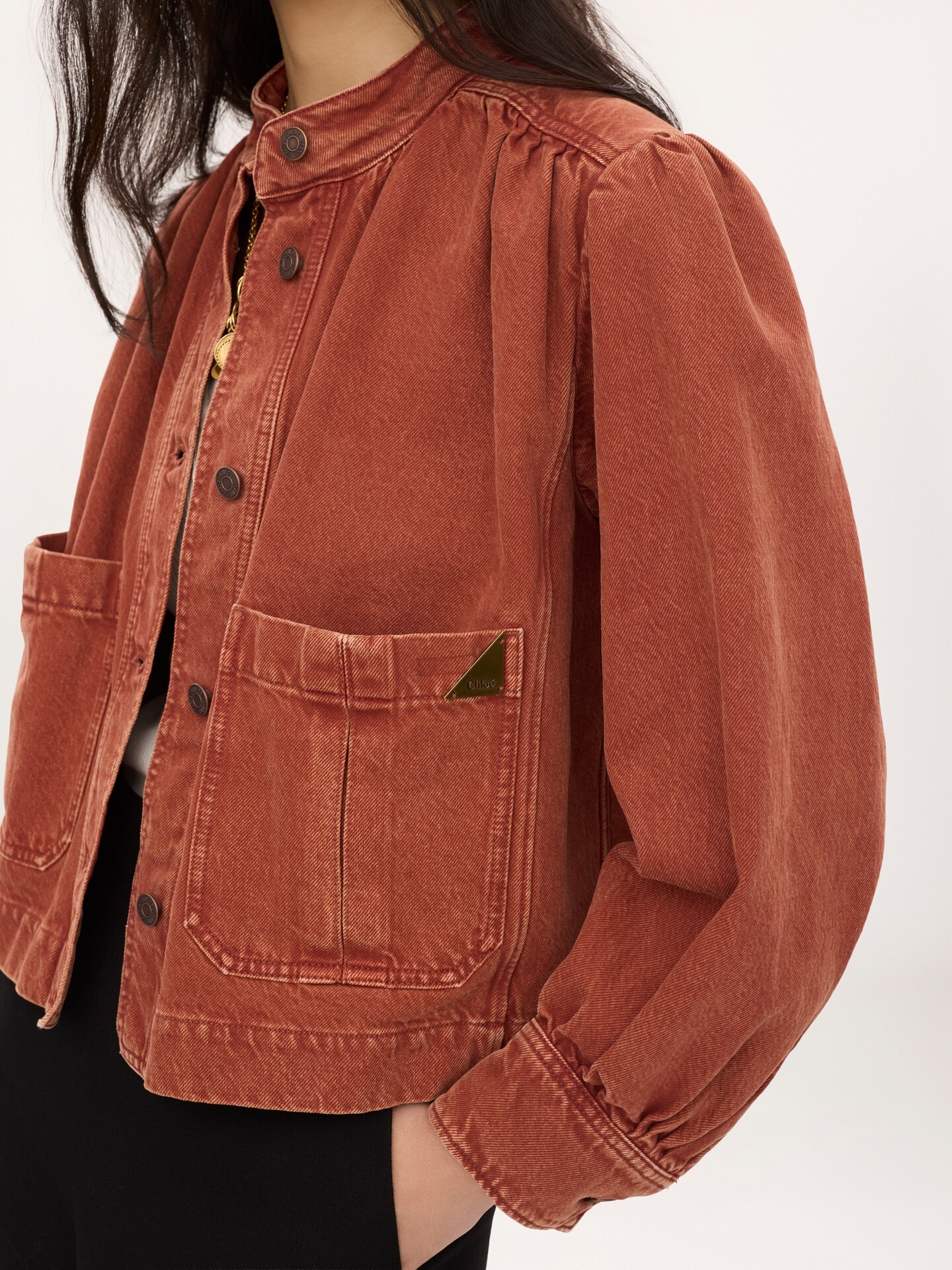 High-neck gathered jacket in denim - 4