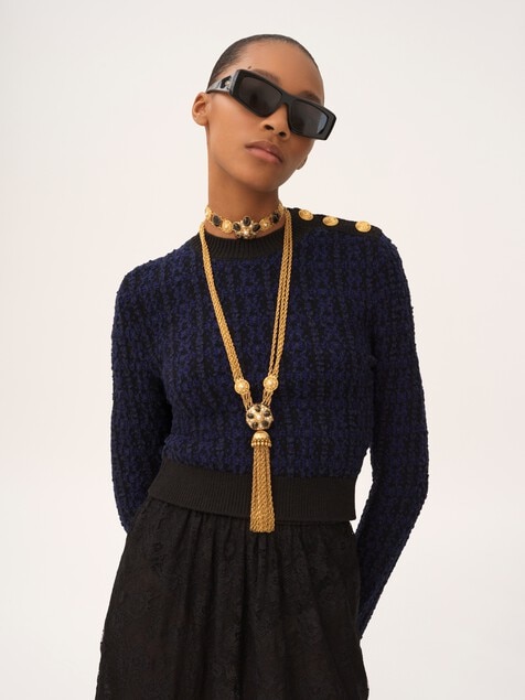 Jersey de corte boxy con cuello cerrado de punto de lana y seda
