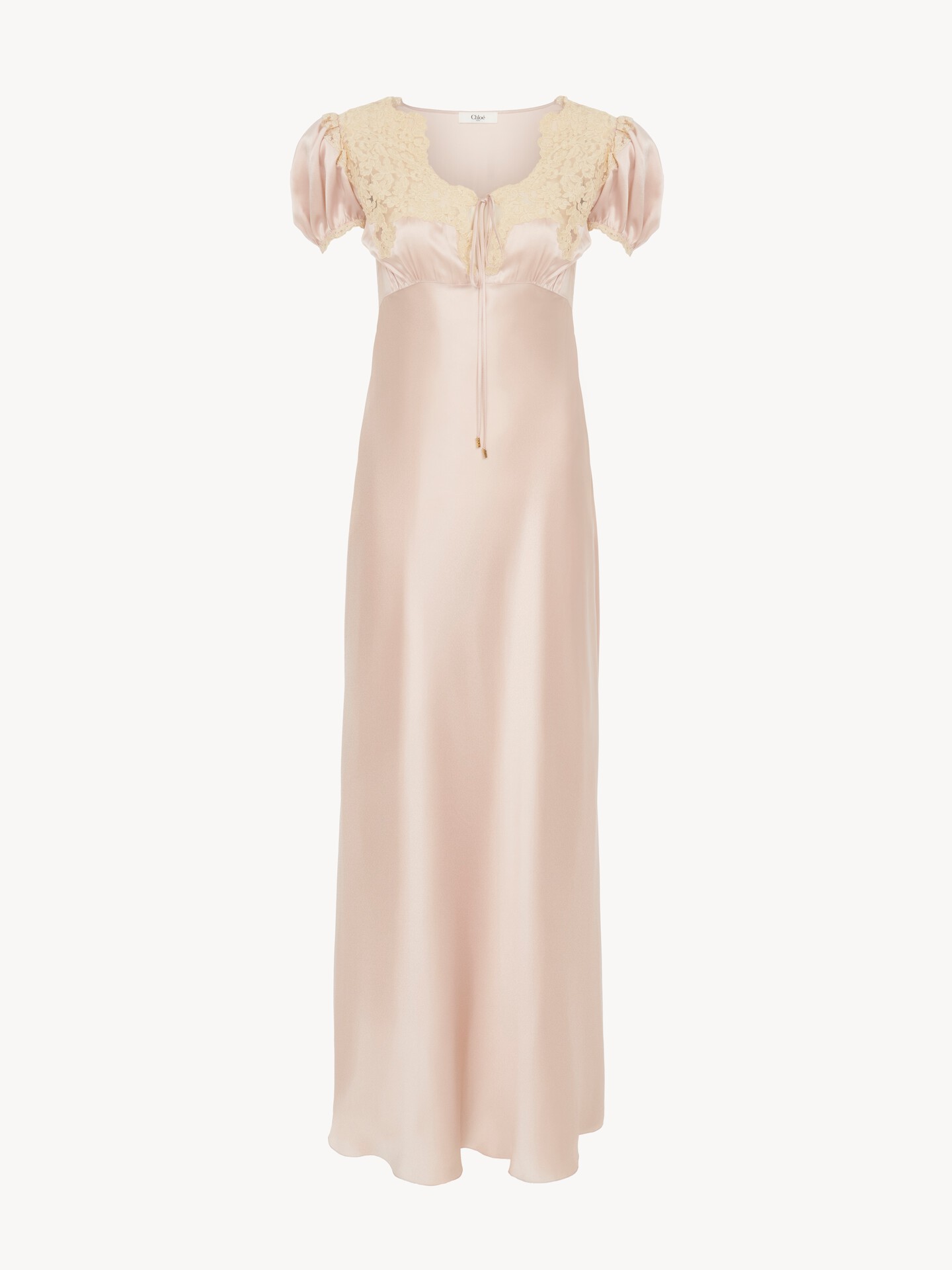 Puff-sleeve column dress in washed silk satin & lace - 2