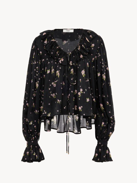 Maxi gathered ruffle top in silk charmeuse