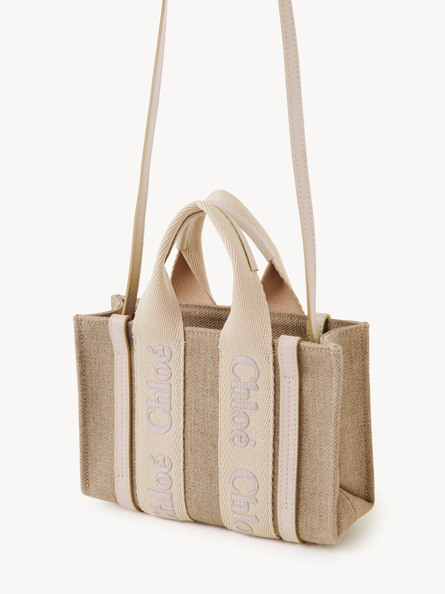 Mini Woody tote bag in linen & leather - 3