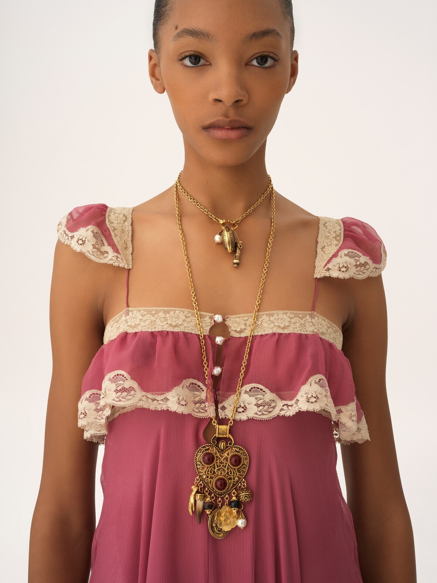 Fluid long dress in silk mousseline & lace - 8