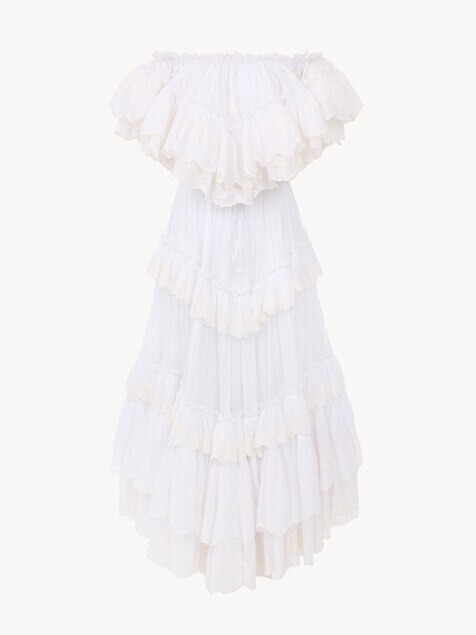 Vestido largo con volantes de gasa de algod&oacute;n