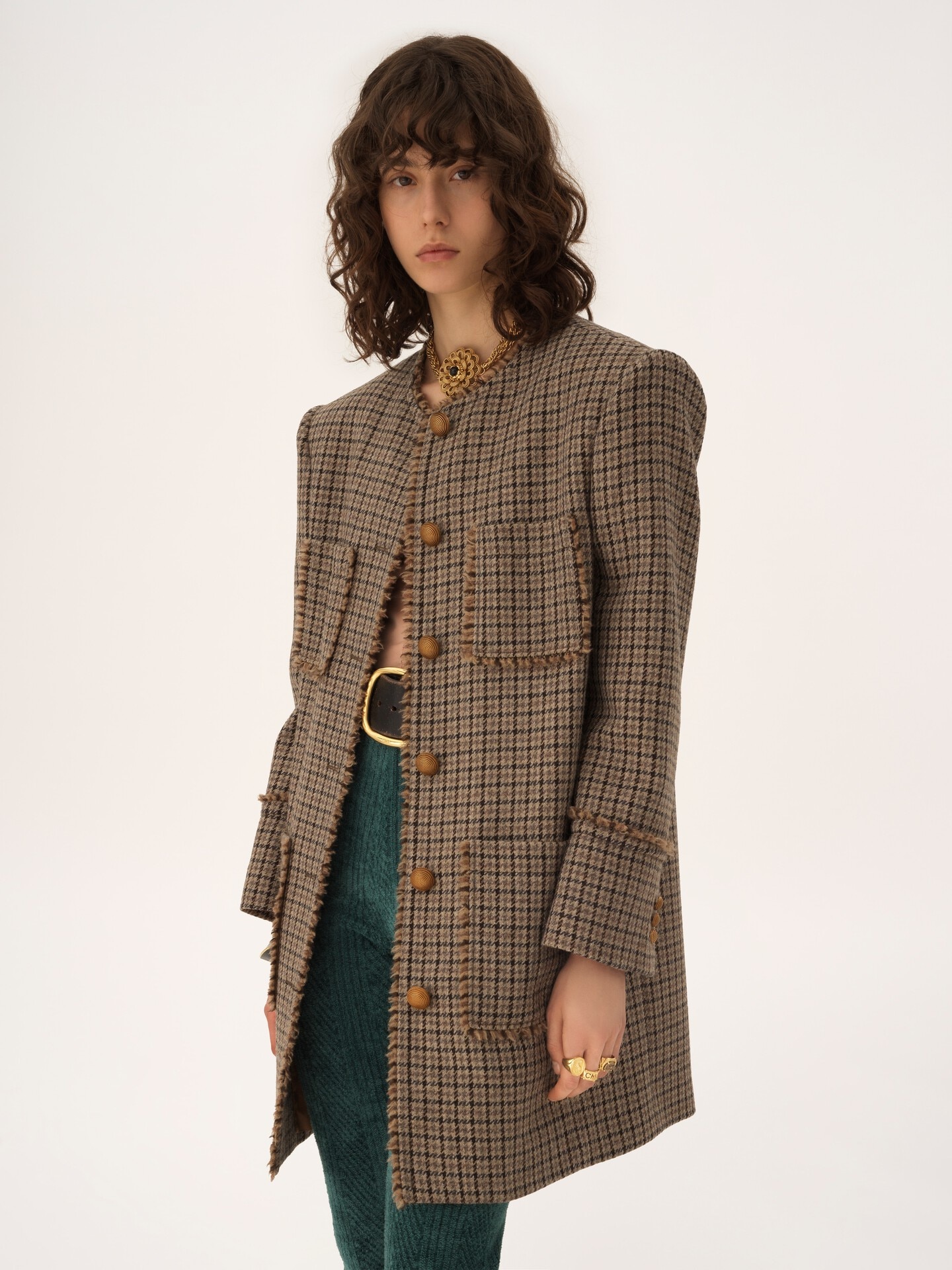 Single-breasted collarless coat in houndstooth wool - 4
