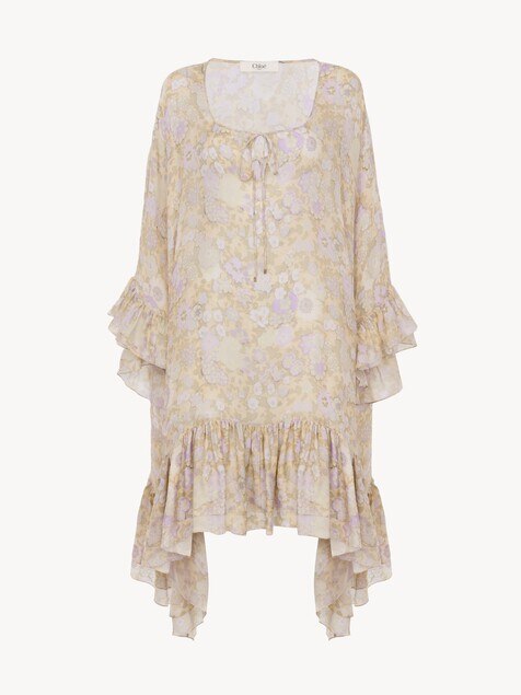 Knee-length ruffled kaftan in silk charmeuse
