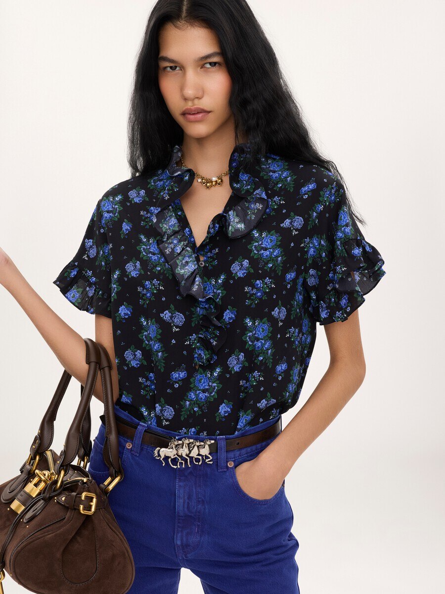 Short-sleeve ruffled top in cr&ecirc;pe de chine - 4