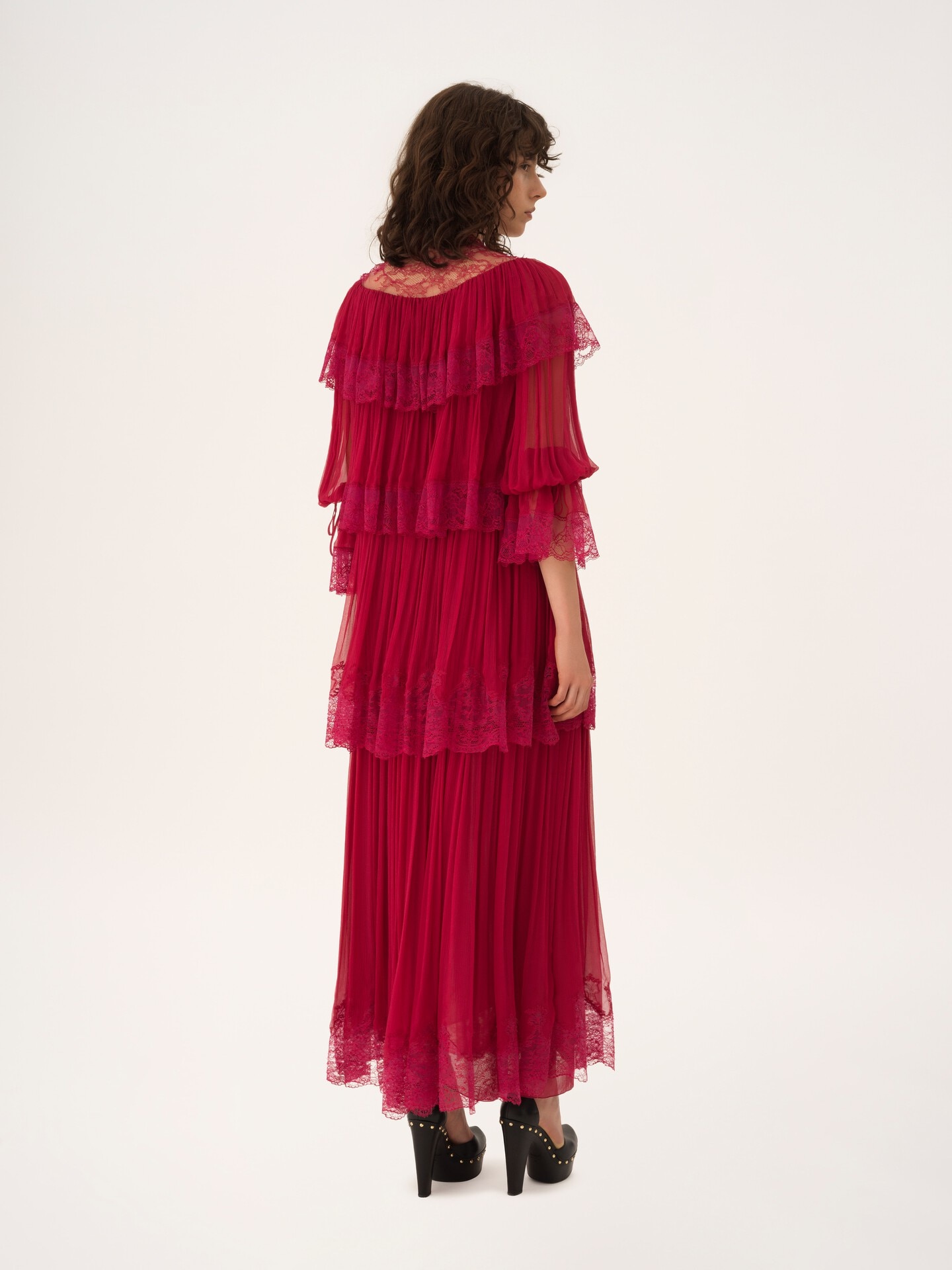 Long ruffled dress in silk mousseline & lace - 4