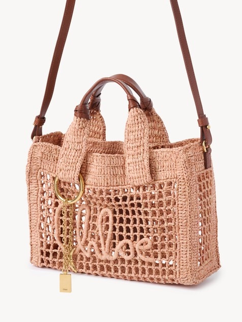 Small Summer Banana east-west tote bag with strap in raffia