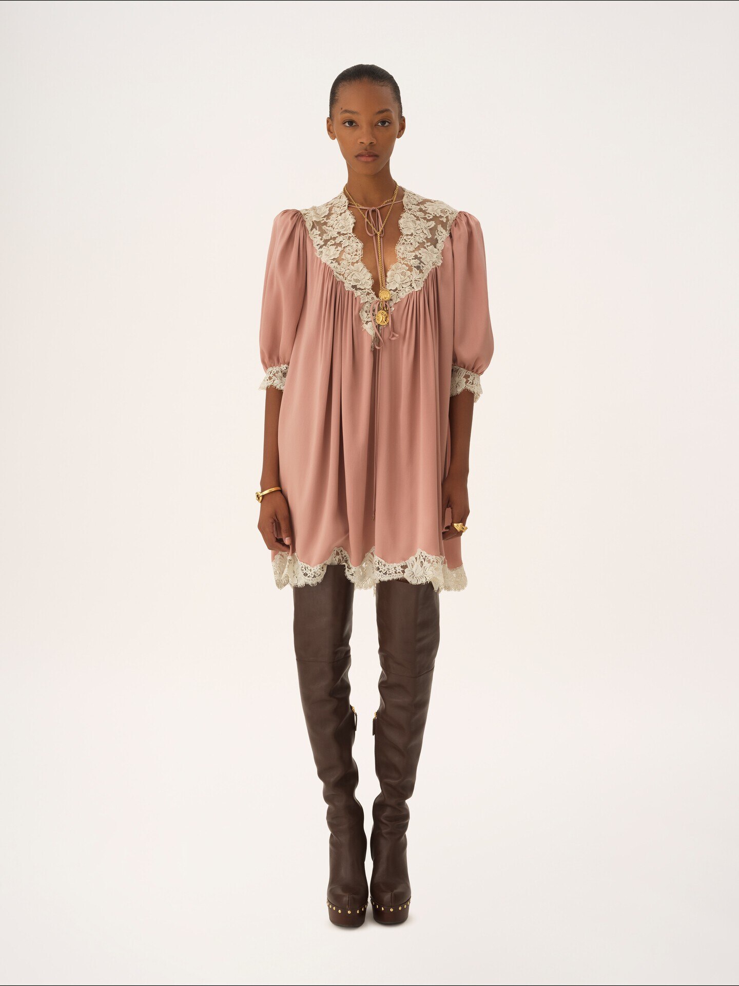 Gathered V-neck mini dress in washed silk satin & lace - 3