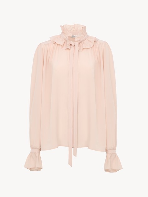 Tie-front ruffled blouse in cr&ecirc;pe de chine