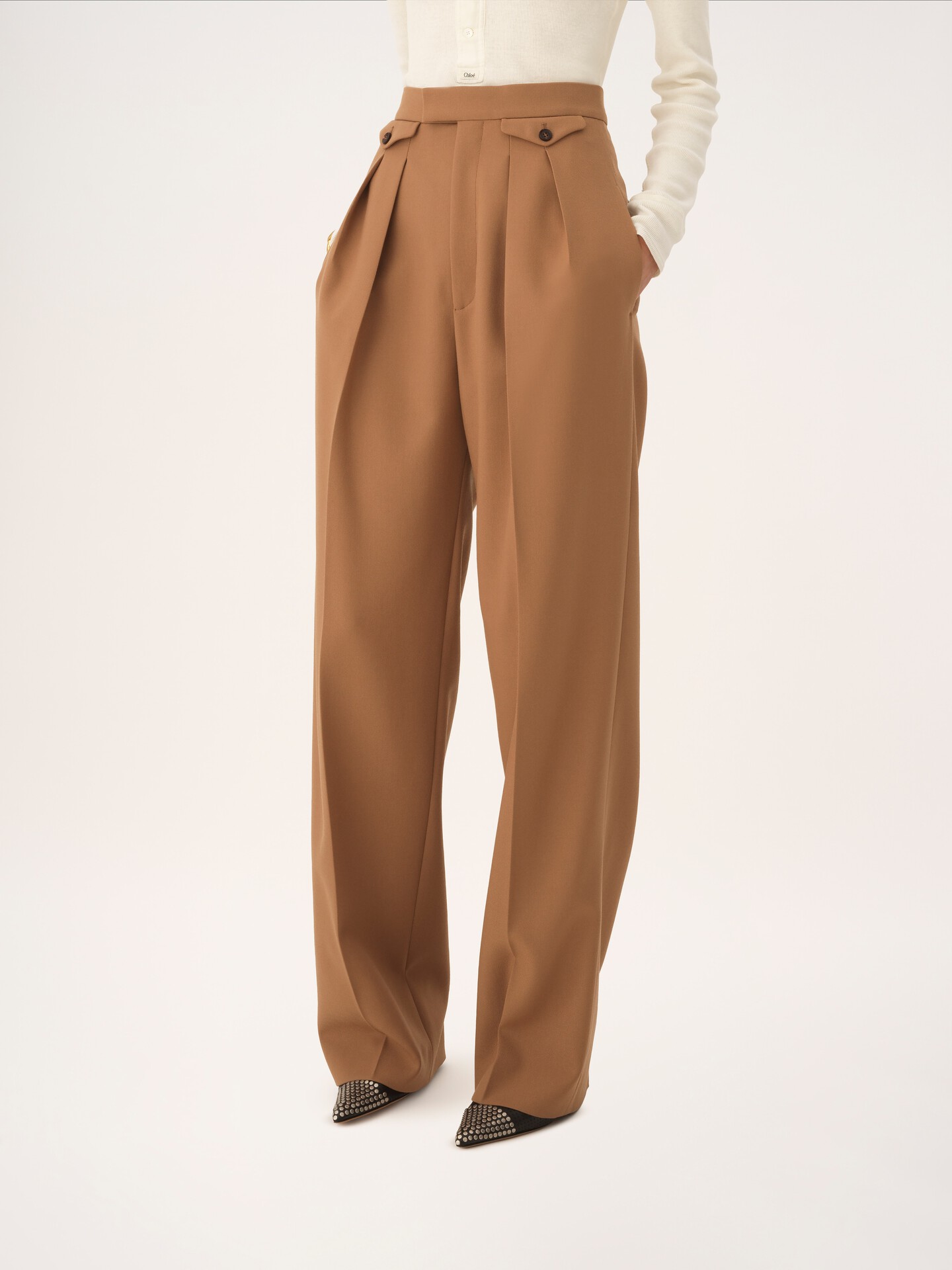 High-rise gathered trousers in wool gabardine - 4