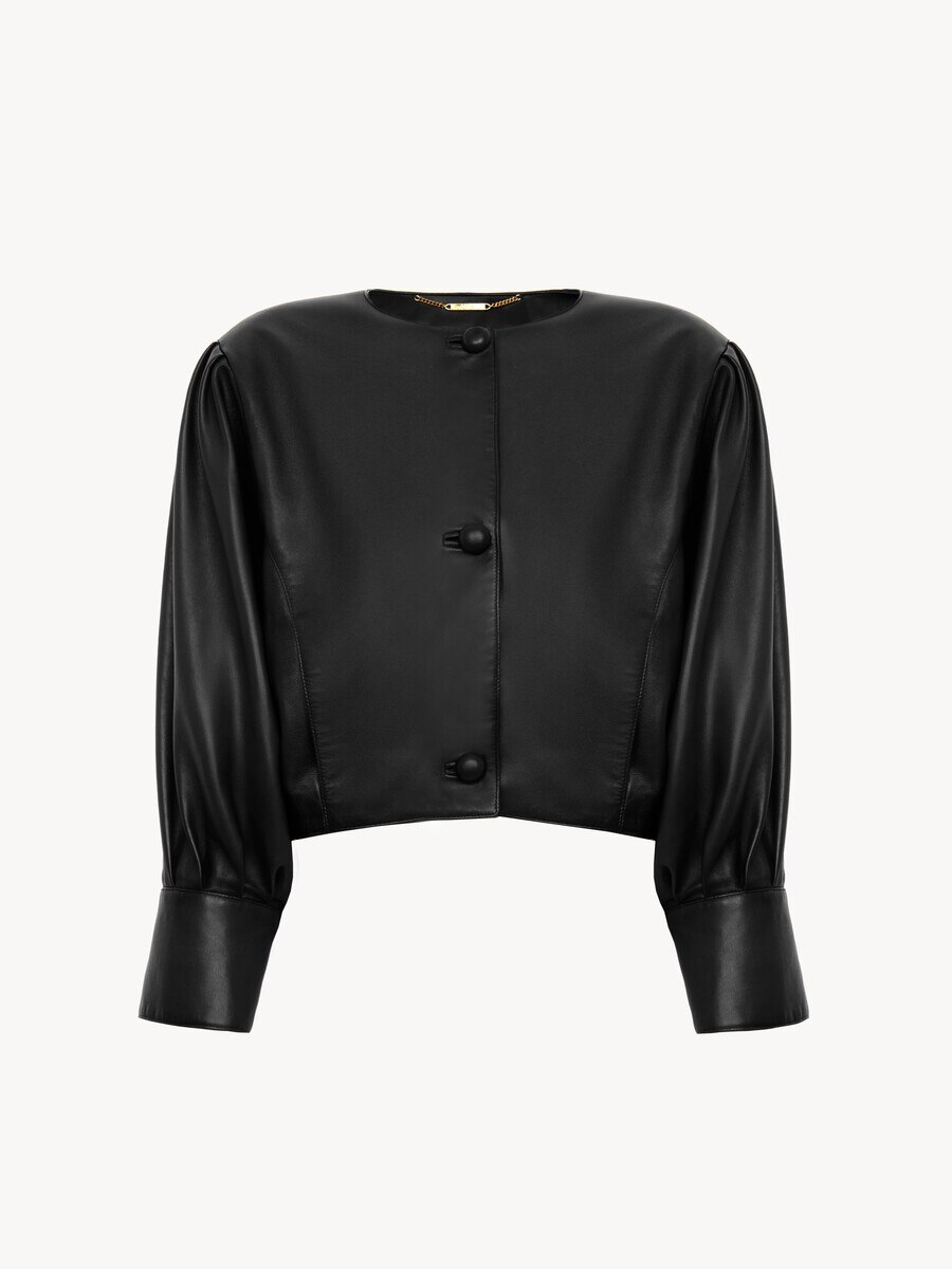 Cropped collarless jacket in leather - 2