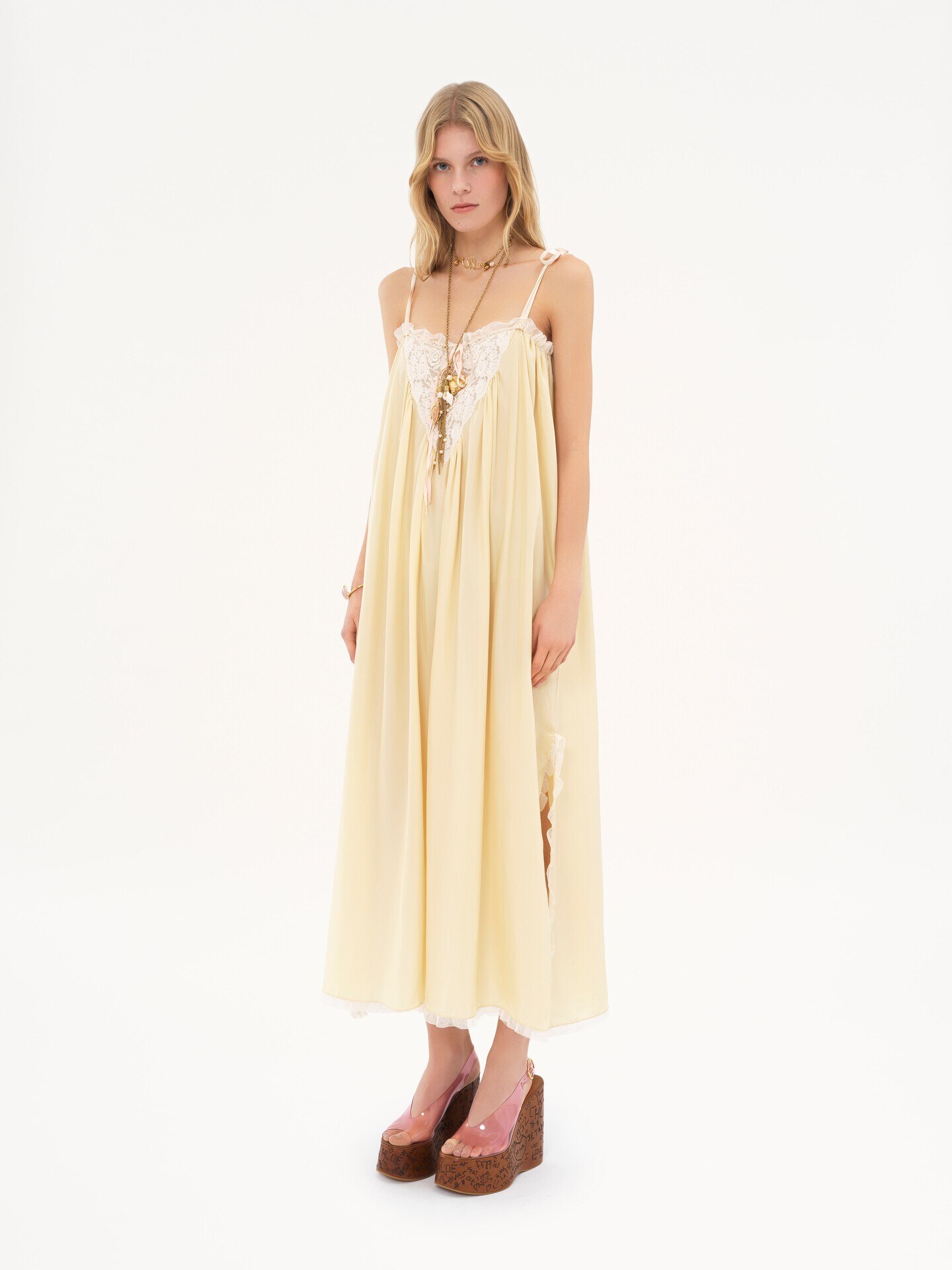 Ruffled long dress in silk habotai & lace - 4