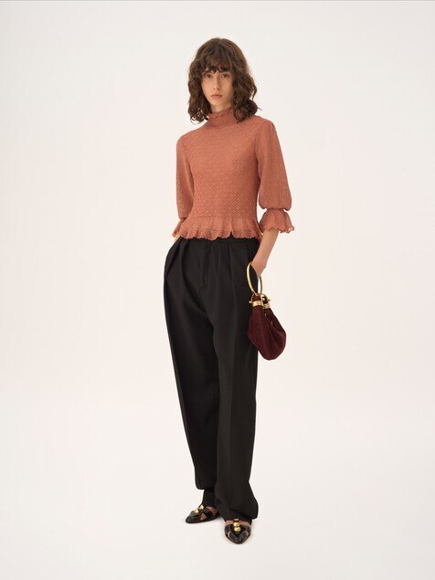 Ruffled puff-sleeve jumper in a lurex knit