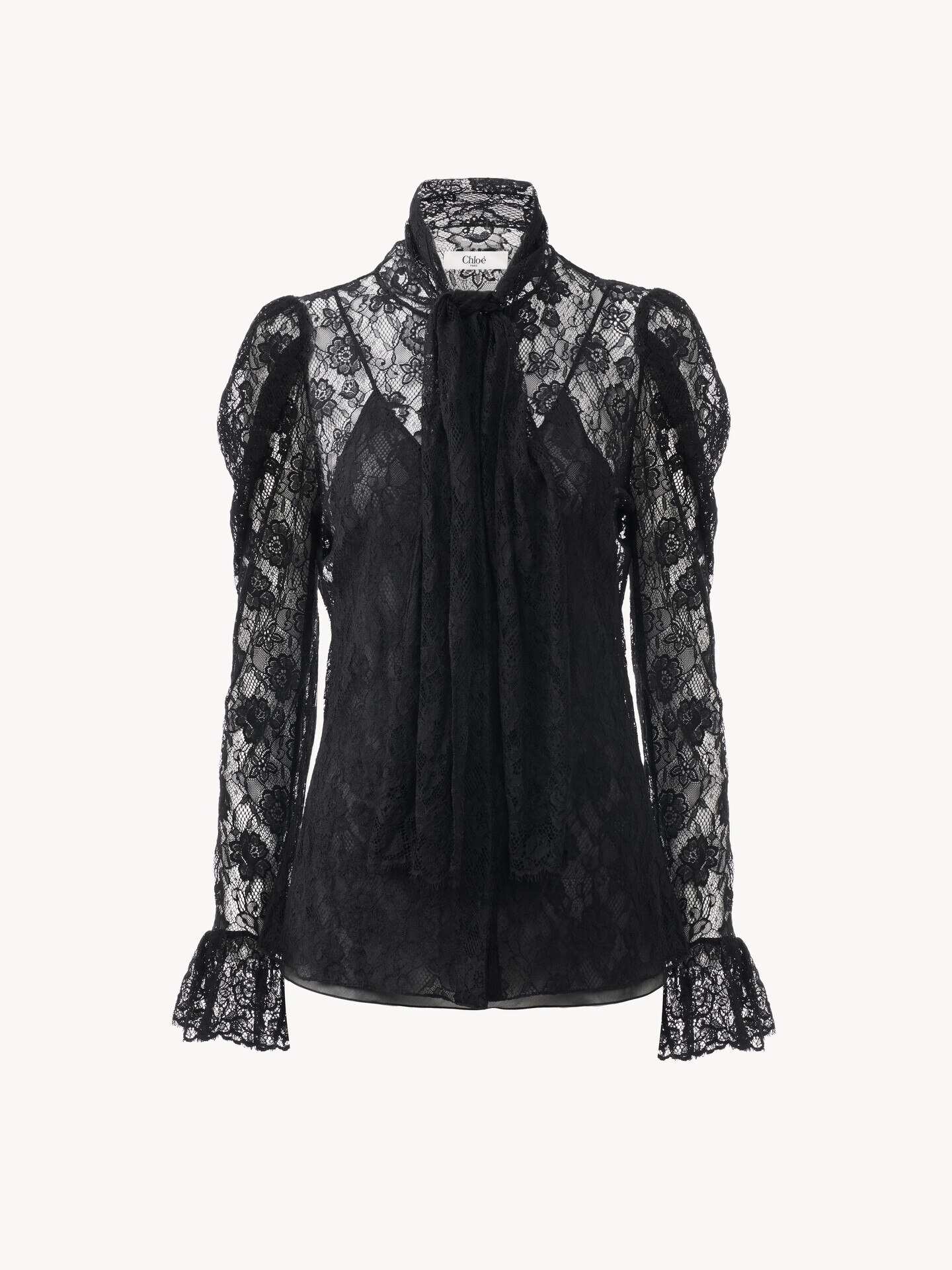 Puff-sleeve lavallière top in floral lace jacquard - 1