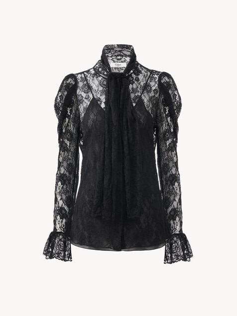 Puff-sleeve lavallière top in floral lace jacquard
