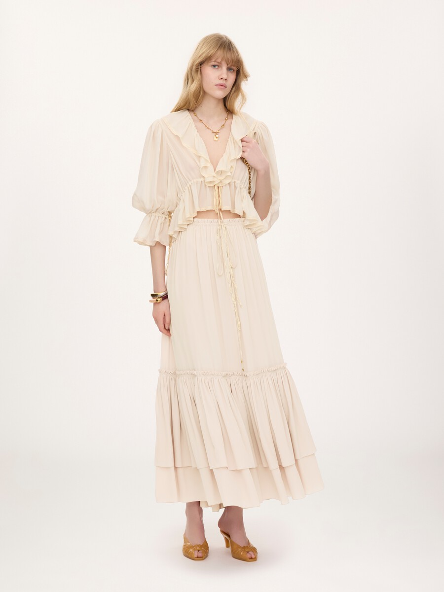 Ruffled long skirt in silk mousseline - 3