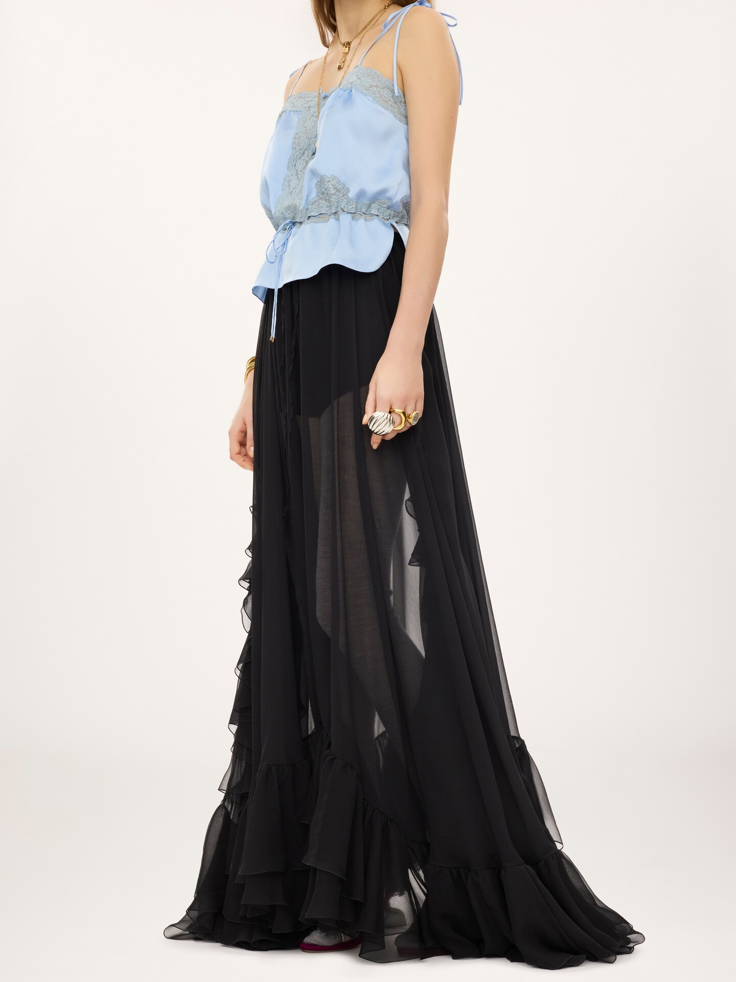Ruffled long skirt in silk mousseline - 4
