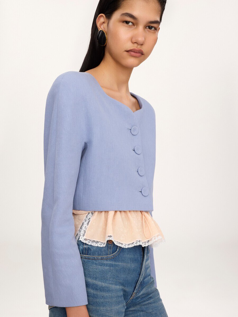 Cropped collarless jacket in linen cr&ecirc;pe - 4