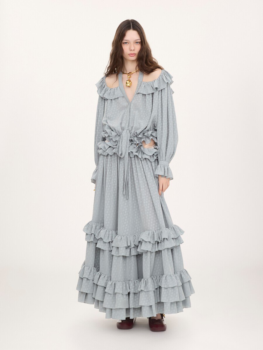 Cut-out long ruffled dress in silk jacquard - 3